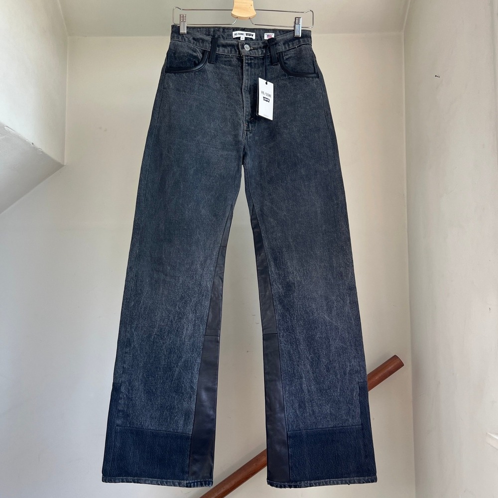 RE/DONE Levi's Jeans 26 Black Leather Trim High Rise Wide Leg Reconstructed‎ NWT